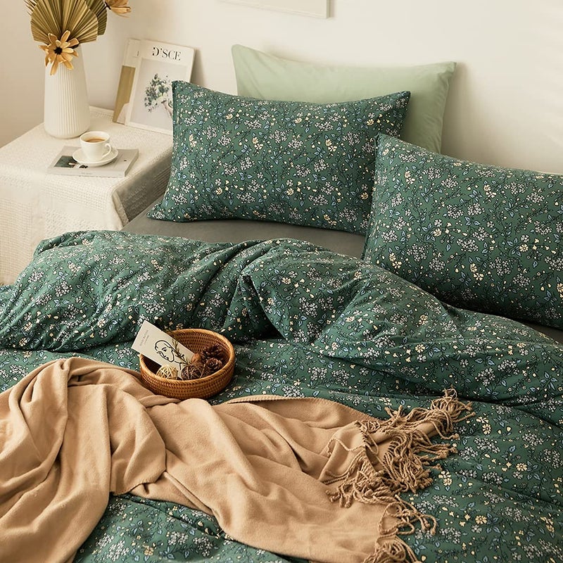 LifeTB Green Floral 100% Jersey Knit Cotton Duvet Cover Queen Vintage Style Botanical Floral Bedding Set Chic Shabby Green Floral Comforter Cover Girl Women Flower Bedding Cover with 2 Pillowcases - Image 3